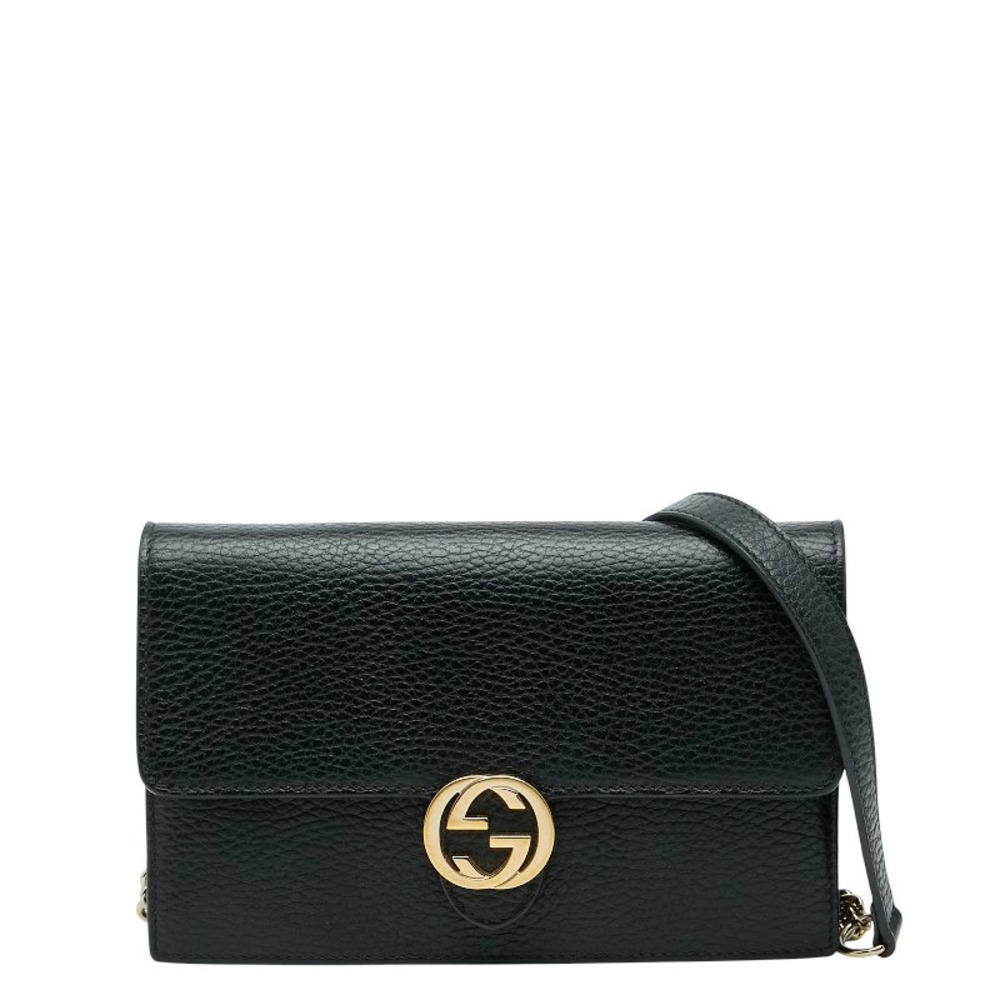 Gucci Interlocking G Shoulder Bag Chain Wallet Black Leather